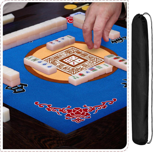 Mahjong Mat with Bag - Anti Slip Table Cover for Mahjong, Poker Cards, and Accessories (Blue)
