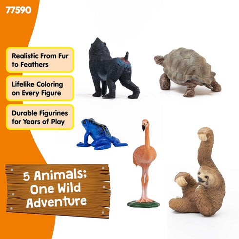 5PC Playset 5+ 77590 Schleich Wild Life - Exotic Animal Starter Figurine Bundle - With Flamingo, Sloth, Frog, Giant
