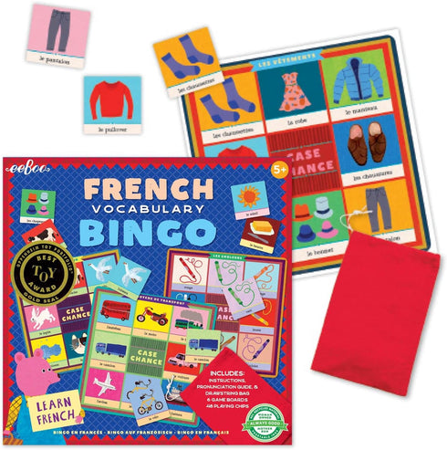 eeBoo French Bingo Vocabulary Game - Includes Pronunciation Guide & Drawstring Bag, 6 Game Boards, 48 Chips