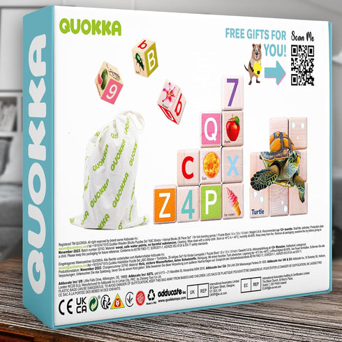Quokka Montessori Wooden Blocks, 35 Realistic ABC Learning Baby Blocks for Toddlers 1-3, Stacking Alphabet Wood Toys