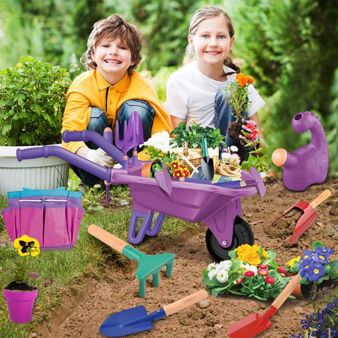 15 PCS Kids Gardening Tool Set with Wheelbarrow, Flower Pot, Storage Bag, Rake, Fork, Shovel, Apron for Outdoor Play