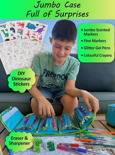 NUMI'SMILE Dinosaur Pencil Case with Fruit Scented Markers Art Set, Gifts for Boys Ages 3-9, Dino Coloring Supplies