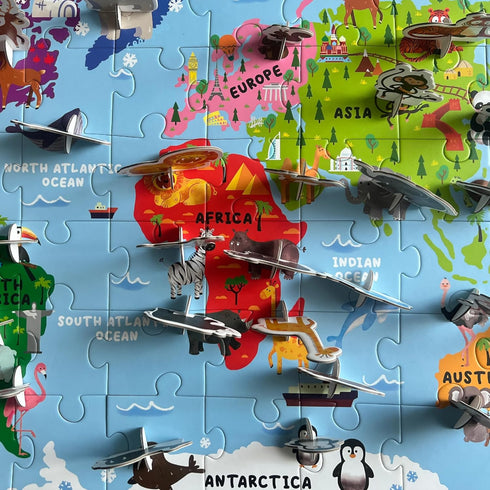 3-5 Dinomini Giant World Map Puzzle for Kids - with Interactive Standing Figures - Floor Puzzles for Kids Ages