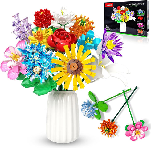 Flower Bouquet Building Set, 1009PCS DIY Plant Decoration, 12 Artificial Flowers for Ages 6+, Gift Idea