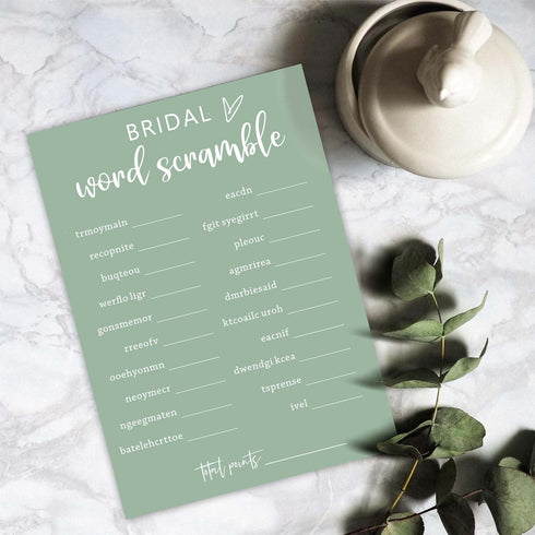 Green Theme Bridal Shower Games for 25 Guests, Bridal Word Scramble with Answer Card, Wedding Reception Party Supplies
