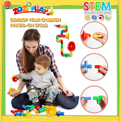 ZOZOPLAY STEM Toys Tube Locks, 72 Piece Educational Building Block Set with Wheels for Boys Girls