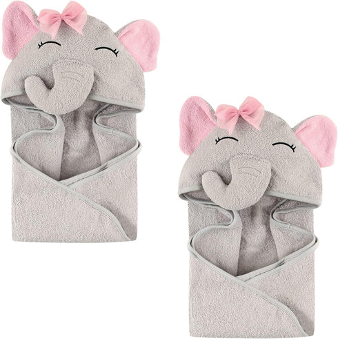 Hudson Baby Unisex Baby Cotton Animal Face Hooded Towel, Pretty Elephant 2-Piece,