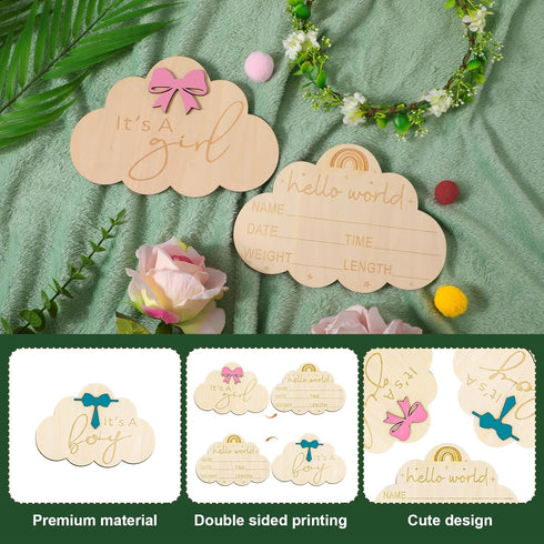 NQEUEPN 2pcs Wooden Baby Announcement Sign, Double-Sided Newborn Gender Reveal Its a Boy Girl Sign Welcome Hello World