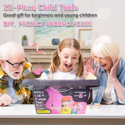 26-Piece Set, 12" 6+, SHALL Kids Size Tool Pink Real Tools for Kids with Tool Bag, Safety Certified Children Learning