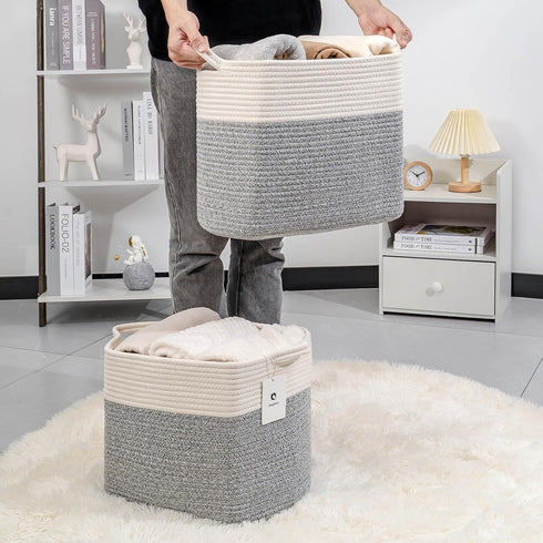 Decorative Cube Storage Bin, Tall Laundry Basket with Handles for Organizing Kids Cloth, Soft Woven Collapsible Yarn