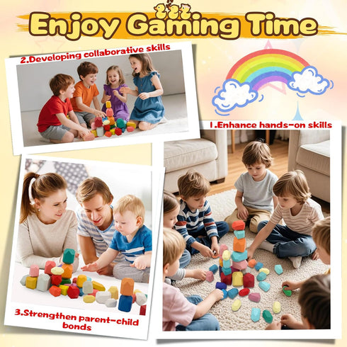 MEGRANATE 39PCS 3+ Montessori Wooden Stacking Rocks Toys Colorful Stacking Stones Building Blocks Games Sensory Toy
