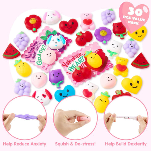 30 Packs JOYIN Valentines Day Gift Cards with Fruit Mochi Squishy Toys, Stress Relief Fidget Toys, Cartoon Squeeze Toy