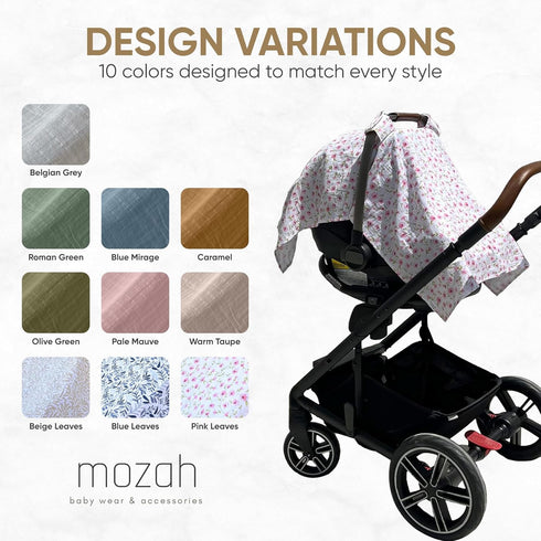 MOZAH 100% Baby Car Seat Cover - Pink Floral Leaves - Organic Muslin - Soft, Breathable and Lightweight, Baby Infant
