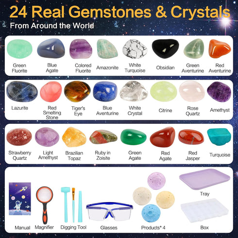 24 QLKUNLA Gemstones Dig Kit, Excavate Real Gems in Solar System STEM Educational Space Toys for Boys & Girls