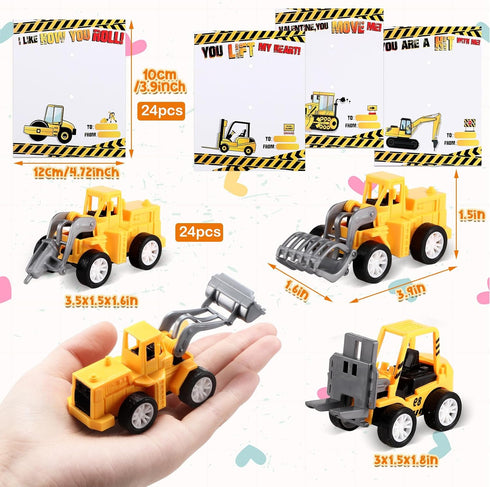 24 Set Roowest Valentine's Day Gifts for Kids Bulk Construction Vehicle Valentines Card Pull Back Construction Truck