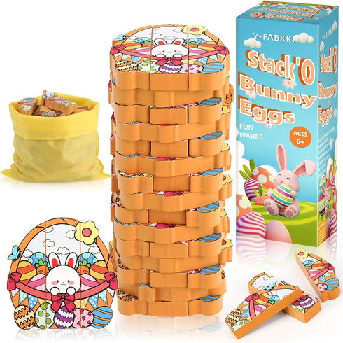 Y-FABKKI Easter Wooden Blocks Stacking Games, Bunny Egg Basket Theme Tumbling Tower and