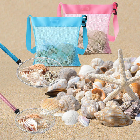 2 2 Pink,18.5-30 Inch,Scoop) Roshtia Pcs Beach Sand Sifter Scoop with Shell Bags Long Adjustable Handle Mesh Sand
