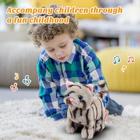 Easfan Walking Kitty Plush Toy Electric Interactive Cat Stuffed Animal Meowing Tail Wagging Head Nodding Cat Pet Toy Animated Kitten Birthday for Kids Toddlers, 9’’