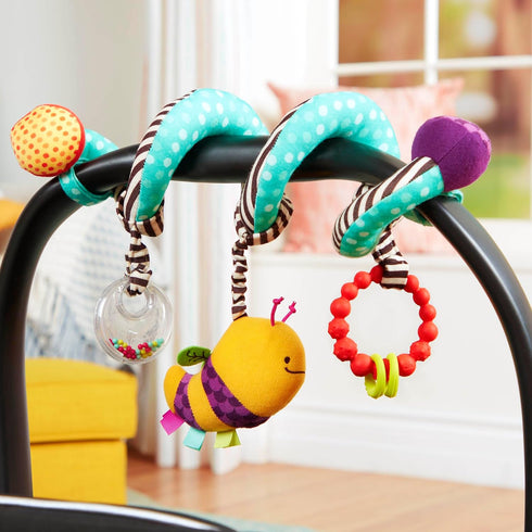 B. toys Wiggle Wrap Baby Toy, Spiral with 3 Hanging Toys for Car Seat, Stroller, Crib - Rattle, Plush Bee & Teether