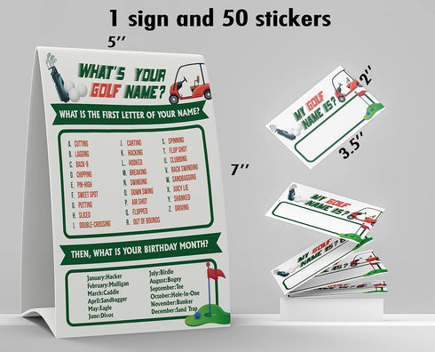 What's Your Golf Name Game, 1 Golf Theme Sign and 50 Name Tag Stickers, Baby Shower game cards, Birthday Game for Kids and Adult Parties, Activity Game for Office or Class | PTK025L