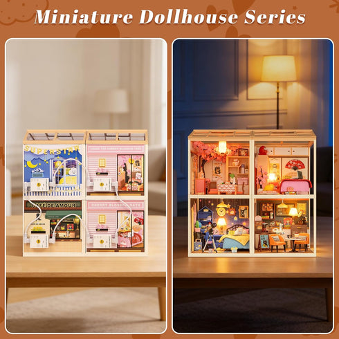 115 DIY Retro Coffee Shop Miniature House Kit, Pieces Mini Dollhouse with Furniture & LED Light with Roof & Dust Covers