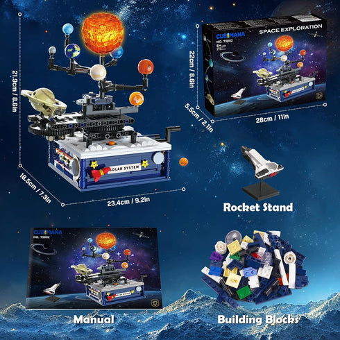 Solar System Building Sets with Light, Rotatable Space Exploration Toys with 9 Planets & Rocket Sets for Kids Age 6+