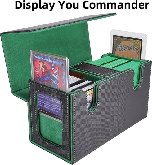 AFIING MTG Commander Card Storage Box - Fits 200 Double Sleeved Cards, Black/Green with 4 Dividers & 2 Toploaders