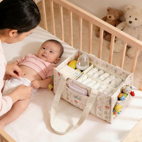 SEISSO Diaper Caddy Organizer with Handle, Portable Baby Gift Basket, Floral Diaper Organizer Nursery Storage Bag