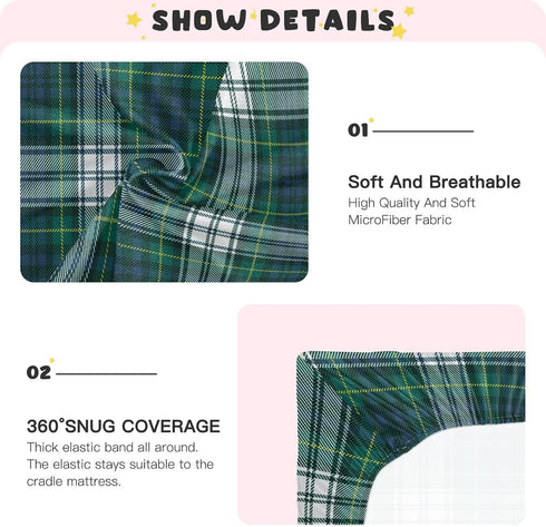 Emelivor Tartan Plaid Green Baby Crib Sheets for Boys Girls Mini Crib Sheets Fitted Crib Mattress Sheet for Newborn