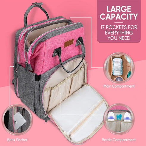 ARIBAGGI Backpack Backpack Grey Pink Baby Diaper Bag with Changing Station for Boy & Girl, Multifunction Large Diaper
