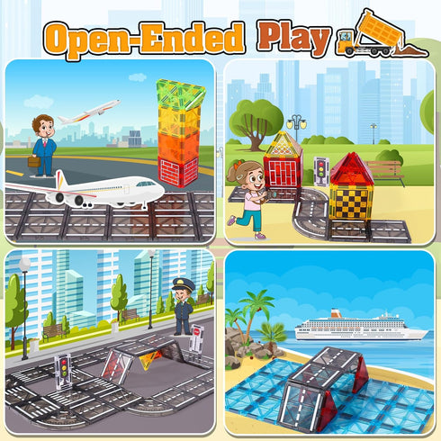 Magnetic Tiles Kids Construction Toys - Road Set with Magnet Crane for Boys Age 3-10, Building Blocks Expansion Pack