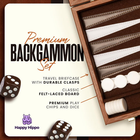 Happy Hippo Backgammon Backgammon (11")) Board Game, Deluxe Leather Like Case, Felt Interior, Brown, Classic Game