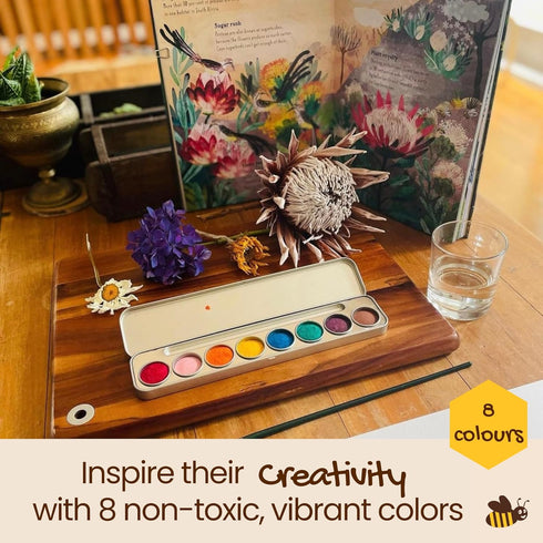 Honeysticks Non-Toxic Watercolor Paint Set for Kids, 8 Vibrant Colors with Brush, Natural Ingredients