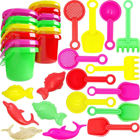 The Dreidel Company Mini Beach Day Playsets (Pack of 12) with Sand Bucket, Pail, Shovel, and Dolphin Fish Toy