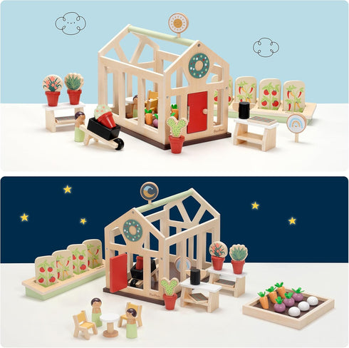 PairPear Flower Garden Toy Greenhouse Playset, Toddlers Wooden Dollhouse Garden Toys, Pretend Play Food Set for 3 Years