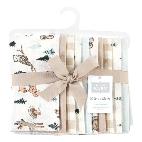 10-Pack, Hudson Baby Unisex Baby Cotton Flannel Burp Cloths, Boy Woodland Pals One Size