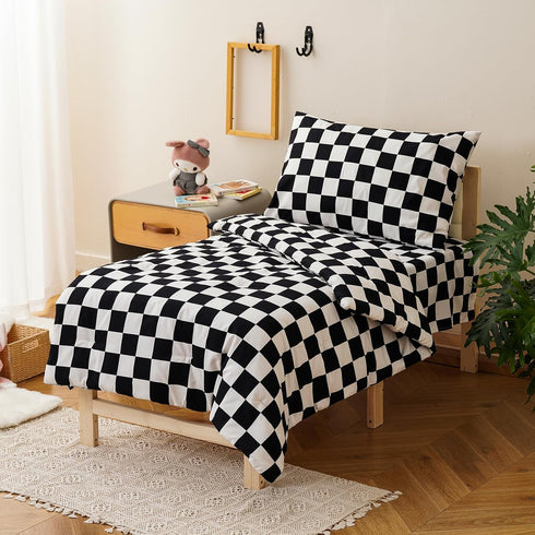 Set 4 Set Set KAREVER Grid Toddler Bedding Black White Checkered Pieces Crib Bed Kids Pliad Comforter