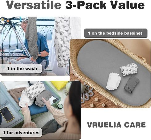 Vruelia 3 Pack, 28x14 33x18, Muslin Bassinet Sheets Cotton Bassinet Sheets for Baby Girl and Boy, Breathable Bedside