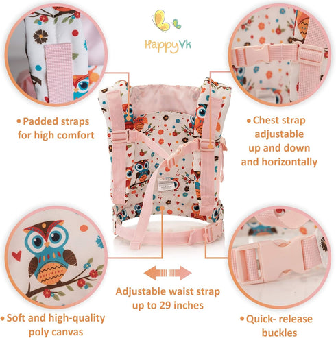 HappyVk - Baby Doll Carrier - Front and Back Carry Positions - Adjustable Straps- Pretend Play Toy for Girls