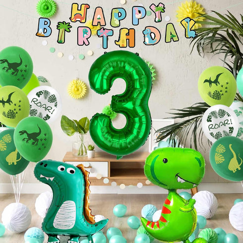 Large Dinosaur Foil Balloons and Happy Birthday Banner - Number 3 Balloon for 3rd Birthday Party Decorations