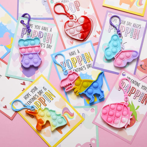 12 Packs JOYIN Valentine's Day Cards with Pop Fidget Keychain Toys, Stress Anxiety Relief Fidget Toys with Cards