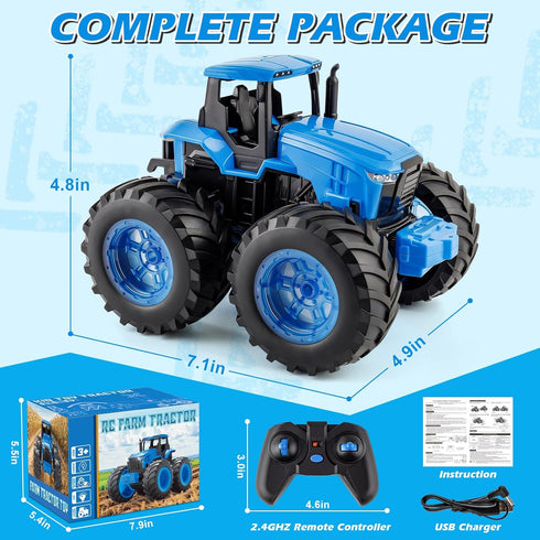 BAYSING 3, 4, 5, 6, 7 Remote Control Monster Tractor Toy for years old, Blue Light Up Monster Trucks Toy with LED