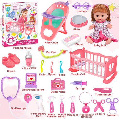 Baby Doll Toys Set, 14" Doll Toys, 25Pcs Doll Care Playset for Toddlers, Baby Gift for 3-6 Year Olds