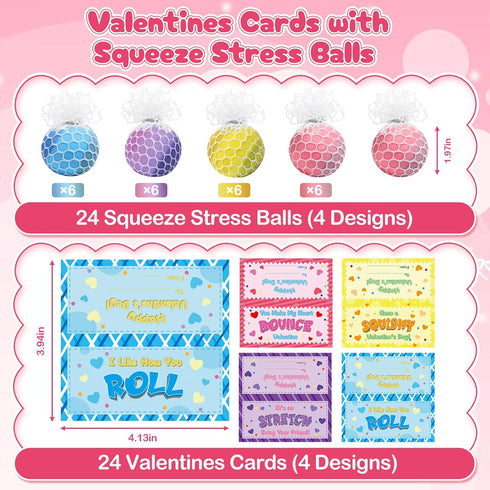 BAYSING 24 Pack Valentines Day Cards for Kids School, Squeeze Stress Balls Sensory Relief Balls Toys, Valentine Day