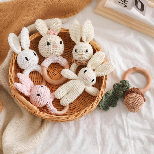 Wooden Baby Rattle, Crochet Bunny Rattle with Wood Ring, Newborn Wooden Animal Rattle Toy for Infant Bunny Wood Rattle