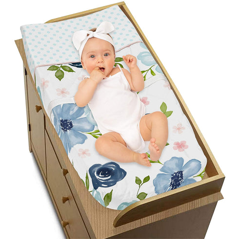 Sweet Jojo Designs Navy Blue and Pink Watercolor Floral Girl Baby Nursery Changing Pad Cover - Blush, Green and White