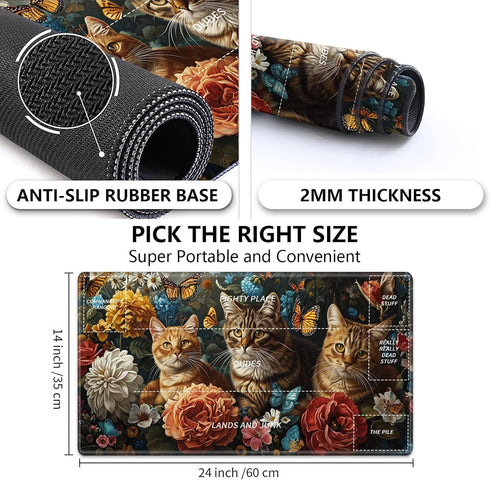 Playmat for MTG - Stitched Card Game Mat with Magic Zones, 24 x 14 inches - Cat Hydrangea Flower