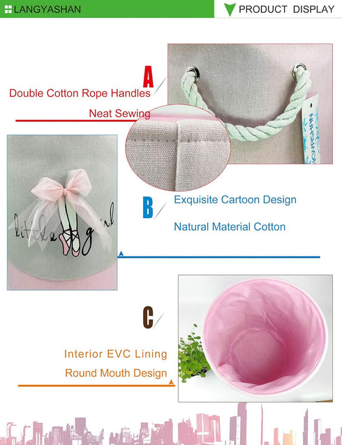 LANGYASHAN Canvas Laundry Basket Collapsible Organizer Storage Hamper for Boys Girls Toy Bins Gift Baskets (Pink Lace)