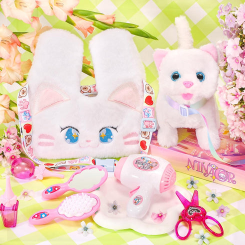 NINAOR Interactive Cat Toys for Kids with Crossbody Bags, Stuffed Cat Plush with Leash Walking Meow Pretend Play Kitty