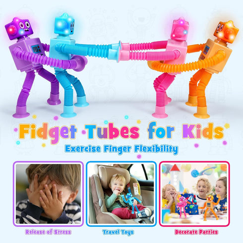 Robot Fidget Toys for Kids: 4 Pack LED Robotic Pop Tubes, Sensory Toy for Ages 2-8, Christmas Birthday Gifts